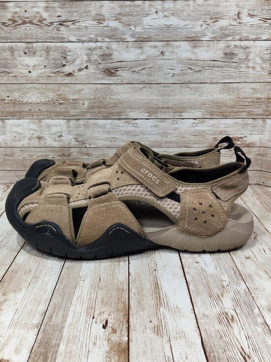 CROCS Swiftwater Men\'s 13 Beige Leather Outdoor Fisherman Shoes Sandals 204251 main image 5